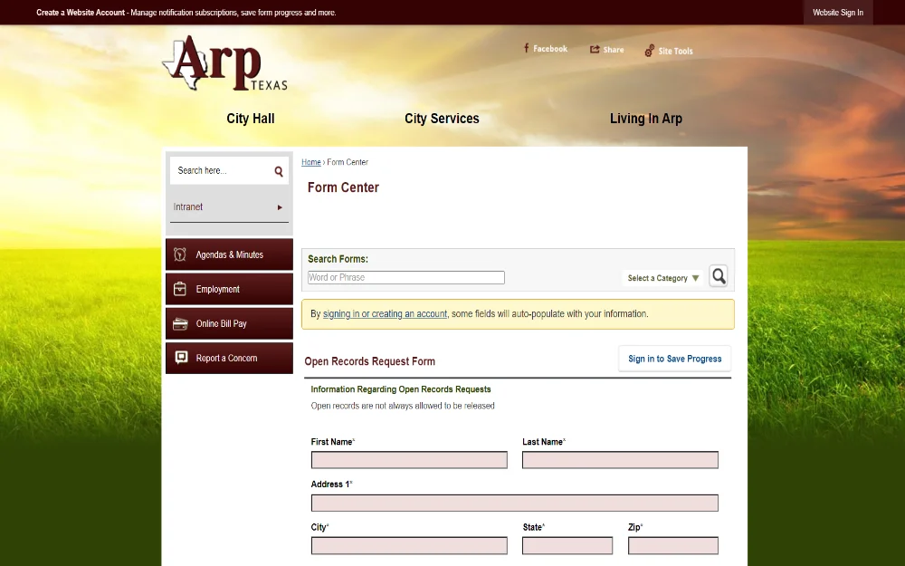 A Texas City Hall website featuring a form center interface for submitting open records requests, including fields for personal information against a backdrop of a serene sunrise scene, indicative of the town's administrative processes and citizen engagement portals.
