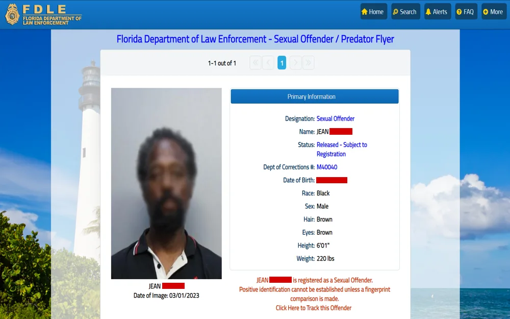 A blurred flyer from the Florida Department of Law Enforcement showcasing the profile of an individual classified under a specific legal designation. It includes blurred-out personal identifiers and is part of a system aimed at informing the public regarding persons with specific legal statuses who are subject to registration requirements.