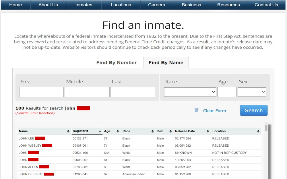 A user interface for locating federal inmates, providing a filtered list based on a search query, with personal details redacted to protect privacy. The results include identifiers like register numbers, age, race, gender, release dates, and locations, indicating diverse individuals and their custody status.