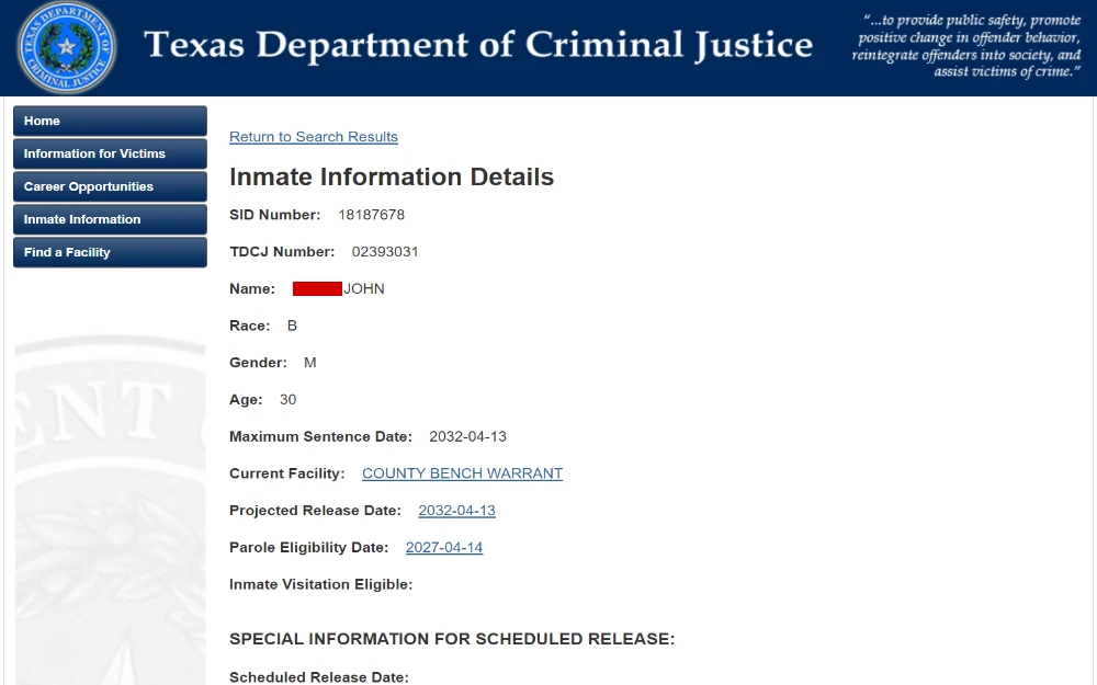 A Texas Department of Criminal Justice, showing an individual's identification numbers, demographic information, incarceration details, sentence duration, and parole eligibility date, without revealing specific personal identifiers or the facility's name.