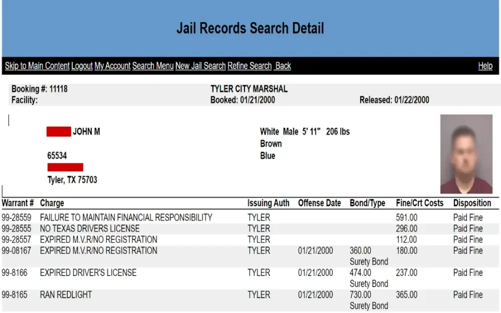 A details from a city marshal's booking record, listing personal attributes of the individual, several traffic-related offenses with associated fines and bonds, and the dates of booking and release.