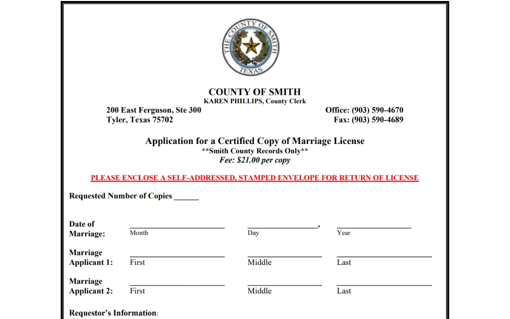 An application form from a county office in Tyler, Texas, for individuals to request certified copies of a marriage document, specifying the need to include a self-addressed stamped envelope for the return of the document and a fee for each copy.