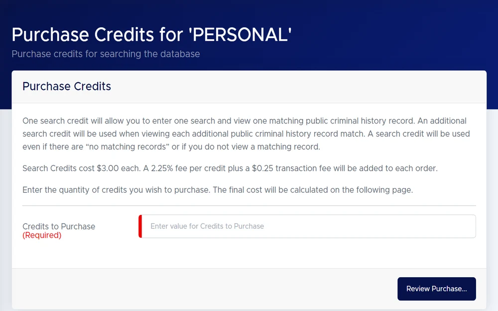 A screenshot from the Texas Department of Public Safety featuring an online form for purchasing search credits to access a database detailing the cost per credit, additional transaction fees, and a field to enter the quantity of credits to be purchased with a review purchase option.