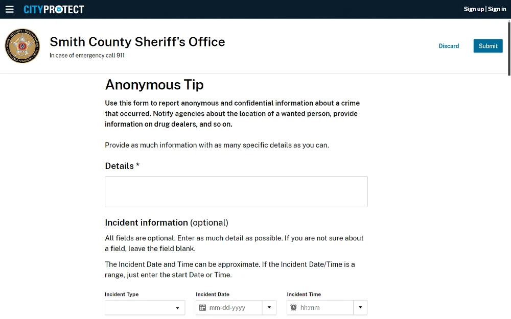 A screenshot of an anonymous online tip form from the Smith County Sheriff's Office with fields that can be filled in, such as details and incident information, including the incident type, date, time, and more.