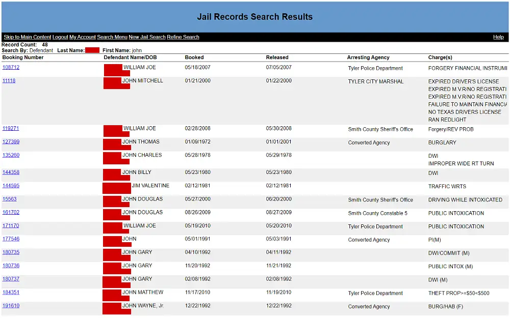 A screenshot from the Smith County Court website displaying a county court jail records inquiry search results with details such as booking number, defendant's name, date of birth, date booked, date released, arresting agency and charges.