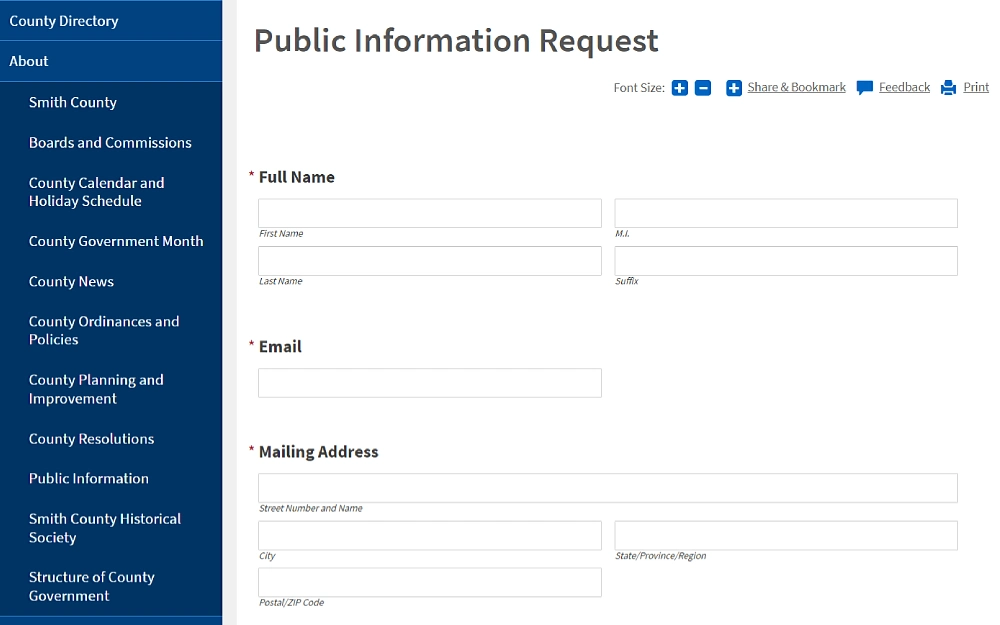 A screenshot of the public information request requiring details such as full name (suffix, middle initial, first and last name), email address and mailing address (street number, name, city, state, province, region, postal and ZIP code).