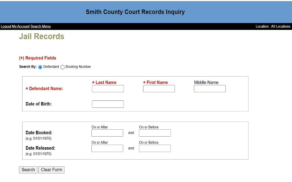 A screenshot of the jail records inquiry search by the defendant, with required fields labeled and colored red and additional fields such as date of birth, middle name, date booked and released duration from the Smith County Court website.