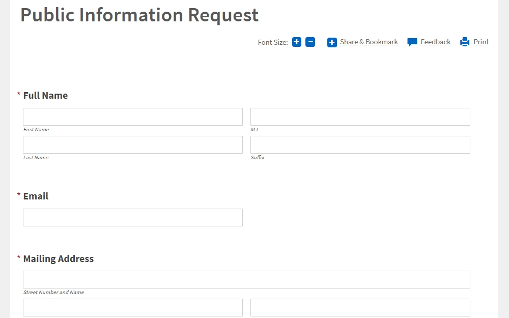 A screenshot of the online form for public information requests from Smith County, Texas, displays the input fields for full name, email, and mailing address.