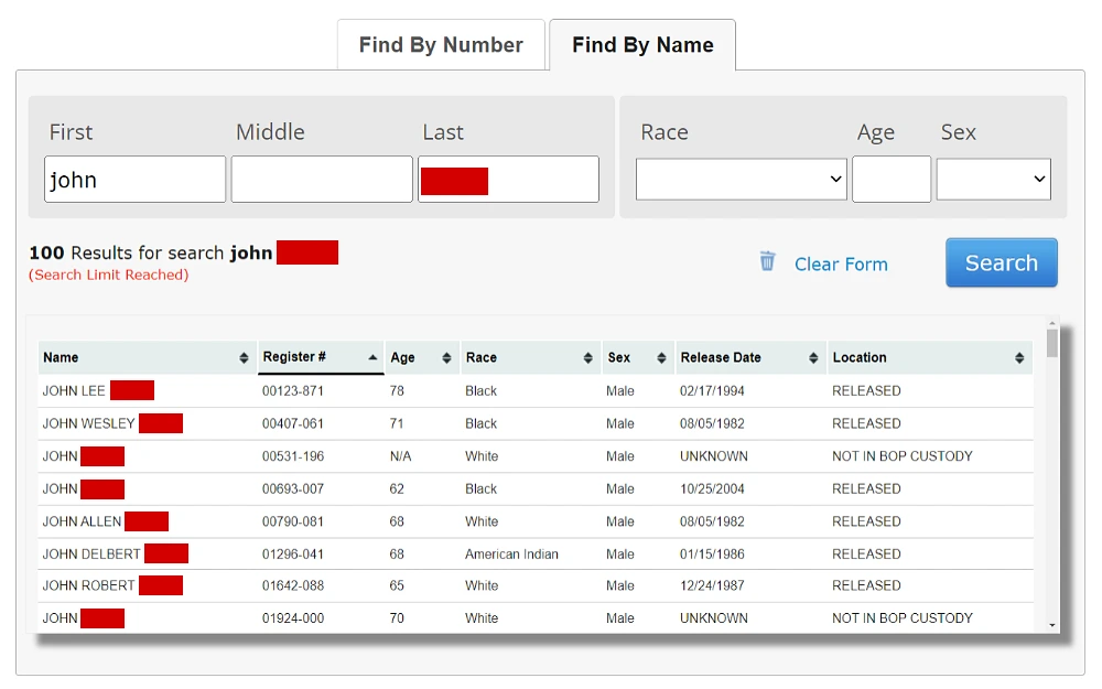 A screenshot displaying an inmate locator search by name and its search results show details such as name, register number, race, age, gender, release date, and location, from the Federal Bureau of Prisons website.