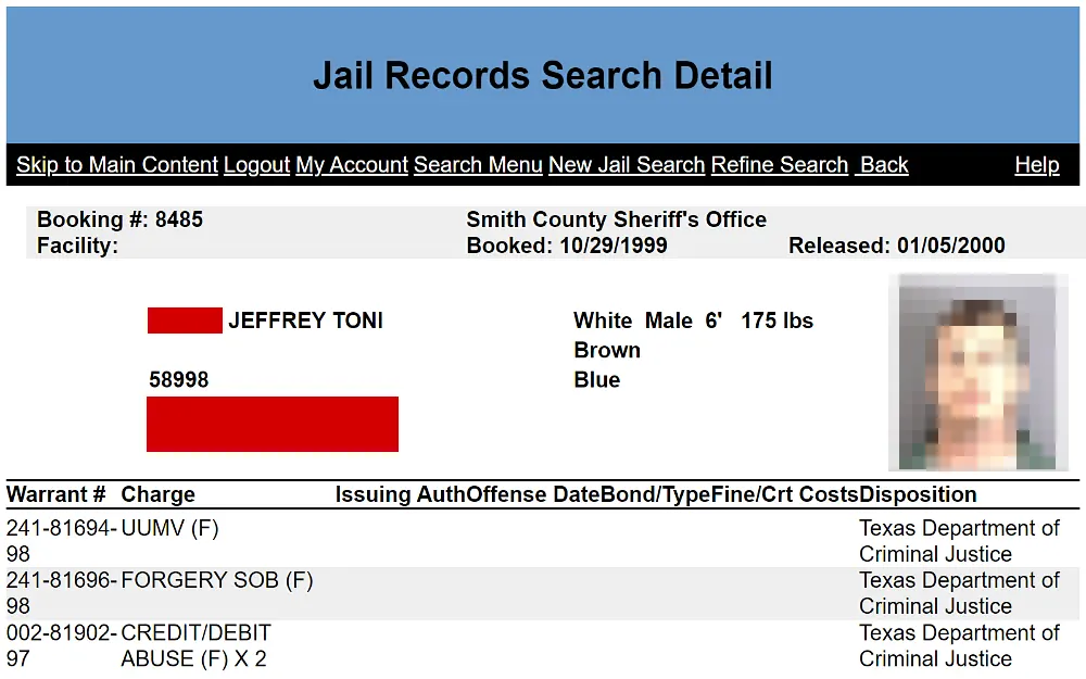 A screenshot showing a jail records search detail from the Smith County Court website shows information such as booking number, full name, facility, date booked, birthdate, address, warrant number, and charges.